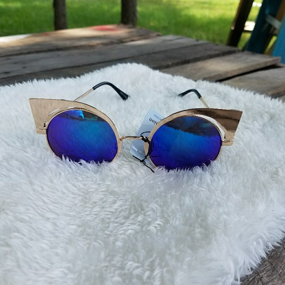 BLUE GOLD Cat Eye Retro Metallic Sunglasses Shades - Picture 4 of 8